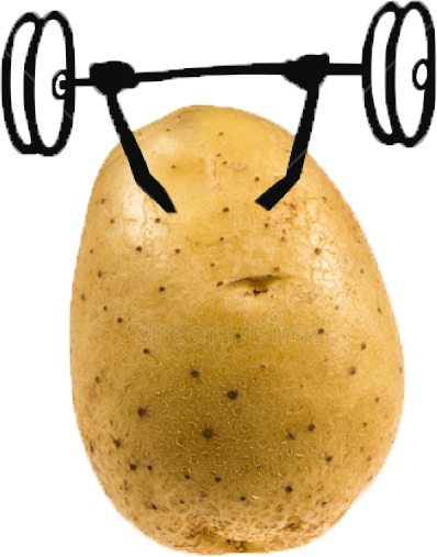 A potato with cartoon arms holds a weight aloft