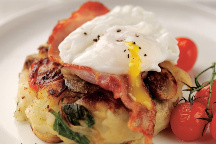 Breakfast Hash with Bacon and POached Eggs