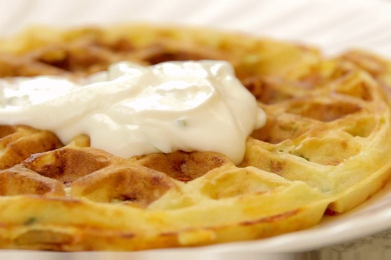 Cheesy Michigan Potato Waffles on plate