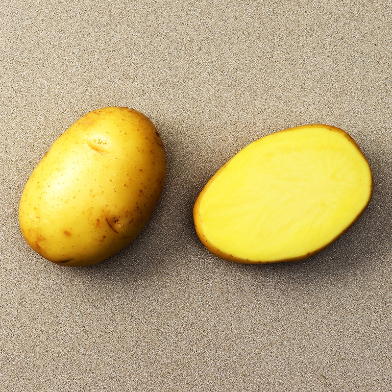 A yellow potato cut in half